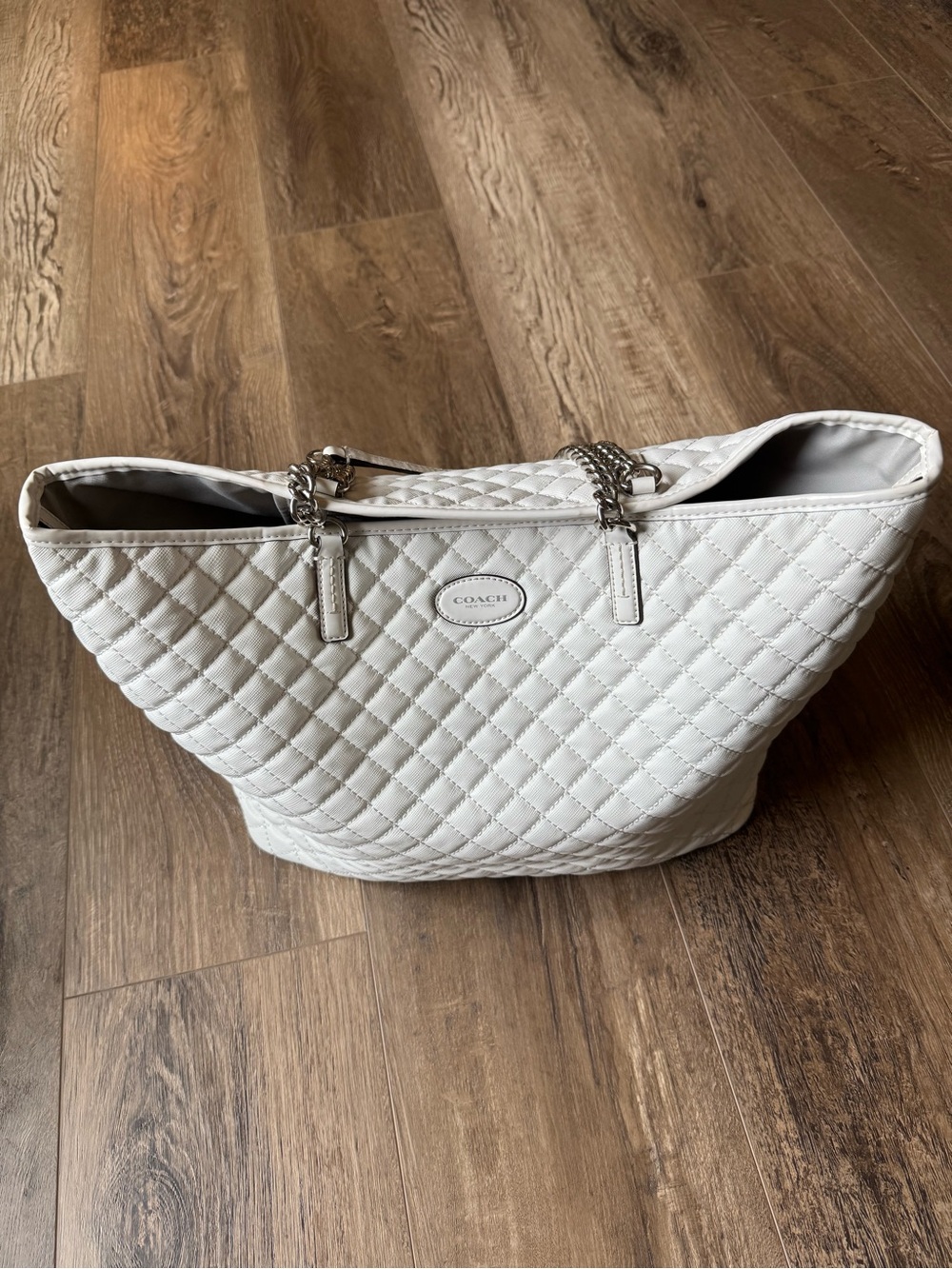 Coach Quilted Leather Tote in White with Chain Handles